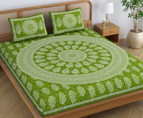 SheetKart Floral Motif 144 TC 100% Cotton Double Bedsheet Jaipuri Printed Bed Cover with 2 Pillow Covers - Green Lantern 