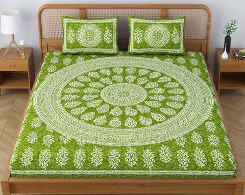 SheetKart Floral Motif 144 TC 100% Cotton Double Bedsheet Jaipuri Printed Bed Cover with 2 Pillow Covers - Green Lantern 