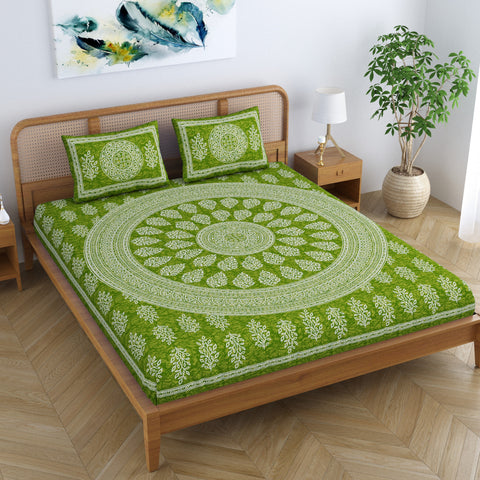 SheetKart Floral Motif 144 TC 100% Cotton Double Bedsheet Jaipuri Printed Bed Cover with 2 Pillow Covers - Green Lantern 