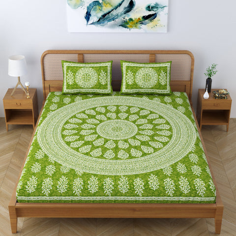 SheetKart Floral Motif 144 TC 100% Cotton Double Bedsheet Jaipuri Printed Bed Cover with 2 Pillow Covers - Green Lantern 