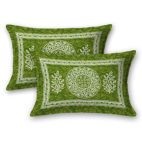 SheetKart Floral Motif 144 TC 100% Cotton Double Bedsheet Jaipuri Printed Bed Cover with 2 Pillow Covers - Green Lantern 