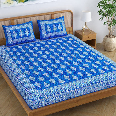 SheetKart Motif Floral 144 TC 100% Cotton Double Bedsheet Jaipuri Printed Bed Cover with 2 Pillow Covers - Placid Blue 