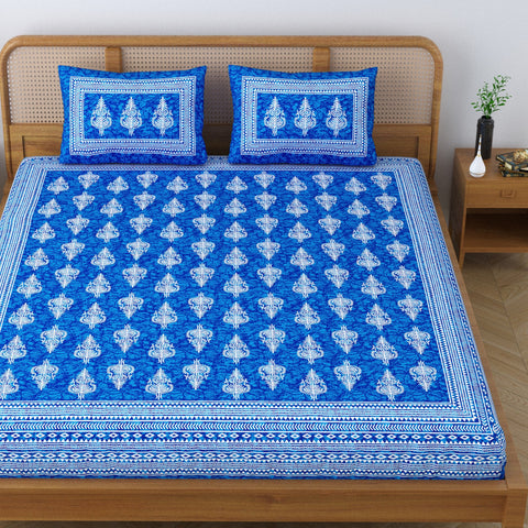 SheetKart Motif Floral 144 TC 100% Cotton Double Bedsheet Jaipuri Printed Bed Cover with 2 Pillow Covers - Placid Blue 