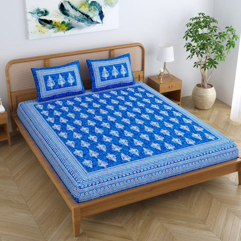 SheetKart Motif Floral 144 TC 100% Cotton Double Bedsheet Jaipuri Printed Bed Cover with 2 Pillow Covers - Placid Blue 
