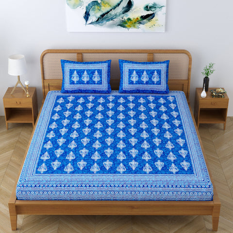 SheetKart Motif Floral 144 TC 100% Cotton Double Bedsheet Jaipuri Printed Bed Cover with 2 Pillow Covers - Placid Blue 