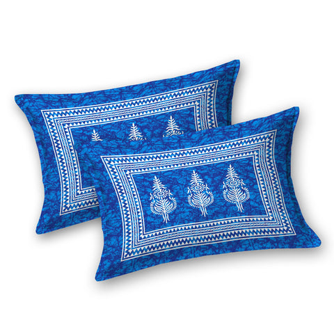 SheetKart Motif Floral 144 TC 100% Cotton Double Bedsheet Jaipuri Printed Bed Cover with 2 Pillow Covers - Placid Blue 