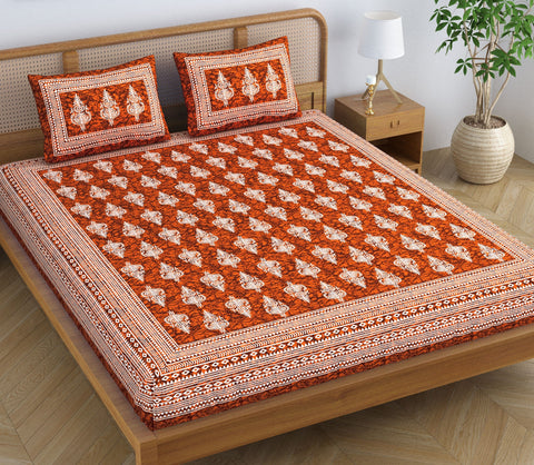 SheetKart Motif Floral 100% Cotton Double Bedsheet Jaipuri Printed Bed Cover with 2 Pillow Covers - Classic Red 