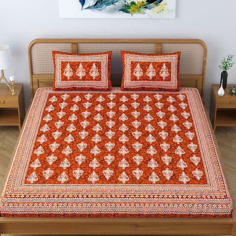 SheetKart Motif Floral 100% Cotton Double Bedsheet Jaipuri Printed Bed Cover with 2 Pillow Covers - Classic Red 