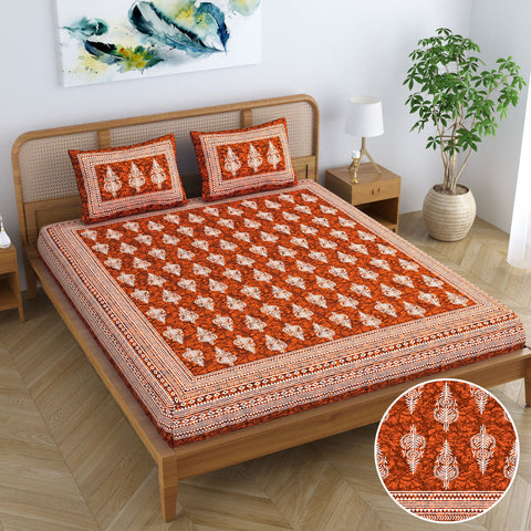 SheetKart Motif Floral 100% Cotton Double Bedsheet Jaipuri Printed Bed Cover with 2 Pillow Covers - Classic Red 