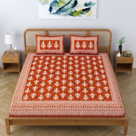 SheetKart Motif Floral 100% Cotton Double Bedsheet Jaipuri Printed Bed Cover with 2 Pillow Covers - Classic Red 