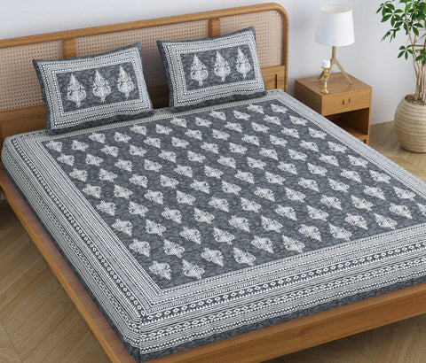 SheetKart Motif Floral 144 TC 100% Cotton Double Bedsheet Jaipuri Printed Bed Cover with 2 Pillow Covers - Grey Energy 