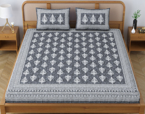 SheetKart Motif Floral 144 TC 100% Cotton Double Bedsheet Jaipuri Printed Bed Cover with 2 Pillow Covers - Grey Energy 