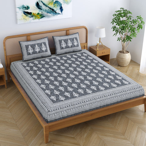 SheetKart Motif Floral 144 TC 100% Cotton Double Bedsheet Jaipuri Printed Bed Cover with 2 Pillow Covers - Grey Energy 