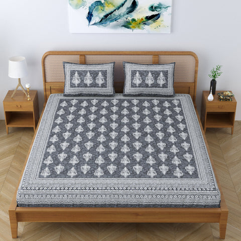 SheetKart Motif Floral 144 TC 100% Cotton Double Bedsheet Jaipuri Printed Bed Cover with 2 Pillow Covers - Grey Energy 