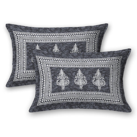 SheetKart Motif Floral 144 TC 100% Cotton Double Bedsheet Jaipuri Printed Bed Cover with 2 Pillow Covers - Grey Energy 