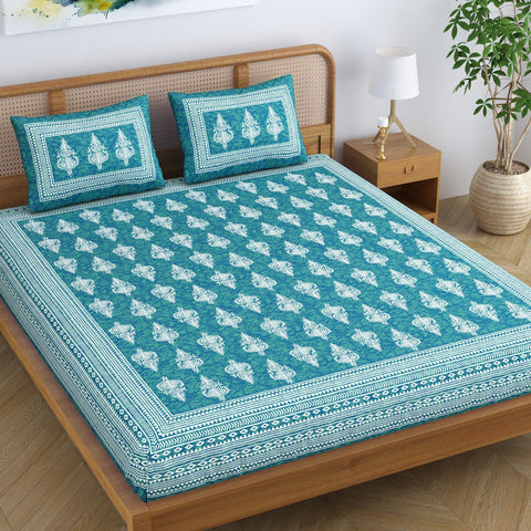 SheetKart Motif Floral 144 TC 100% Cotton Double Bedsheet Jaipuri Printed Bed Cover with 2 Pillow Covers - Sea Green 