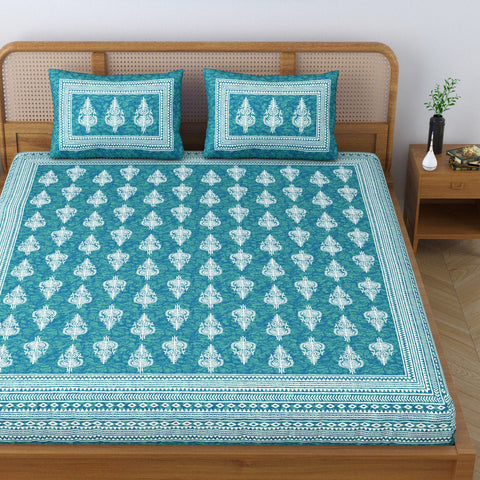 SheetKart Motif Floral 144 TC 100% Cotton Double Bedsheet Jaipuri Printed Bed Cover with 2 Pillow Covers - Sea Green 