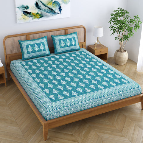 SheetKart Motif Floral 144 TC 100% Cotton Double Bedsheet Jaipuri Printed Bed Cover with 2 Pillow Covers - Sea Green 