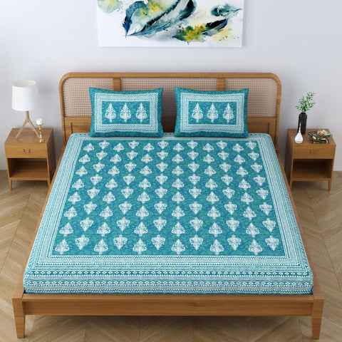 SheetKart Motif Floral 144 TC 100% Cotton Double Bedsheet Jaipuri Printed Bed Cover with 2 Pillow Covers - Sea Green 