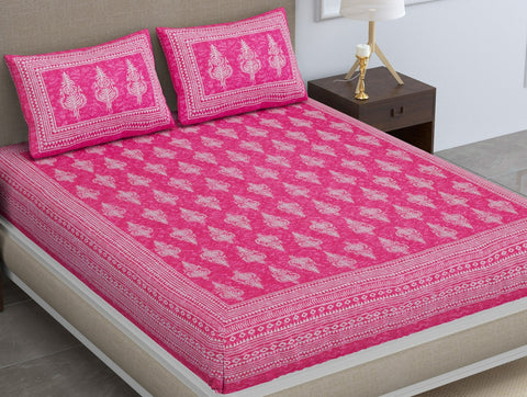 SheetKart Motif Floral 144 TC 100% Cotton Double Bedsheet Jaipuri Printed Bed Cover with 2 Pillow Covers - Pink Touch 