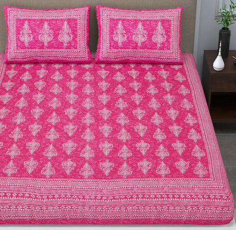 SheetKart Motif Floral 144 TC 100% Cotton Double Bedsheet Jaipuri Printed Bed Cover with 2 Pillow Covers - Pink Touch 