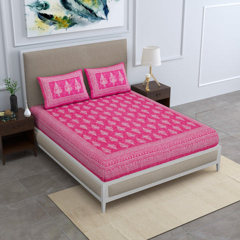 SheetKart Motif Floral 144 TC 100% Cotton Double Bedsheet Jaipuri Printed Bed Cover with 2 Pillow Covers - Pink Touch 