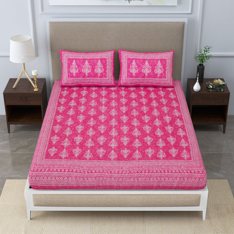SheetKart Motif Floral 144 TC 100% Cotton Double Bedsheet Jaipuri Printed Bed Cover with 2 Pillow Covers - Pink Touch 