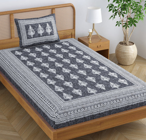 SheetKart Blossoms 100% Pure Cotton Jaipuri Printed Bedsheet for Single Bed with 1 Pillow Cover, Traditional Ethnic Bed Cover - Smoky Grey