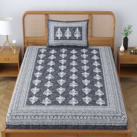 SheetKart Blossoms 100% Pure Cotton Jaipuri Printed Bedsheet for Single Bed with 1 Pillow Cover, Traditional Ethnic Bed Cover - Smoky Grey