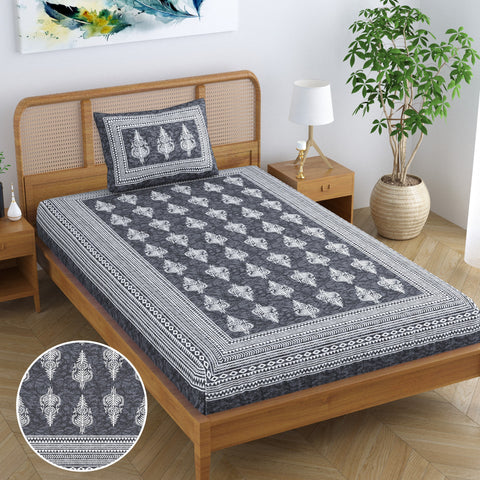 SheetKart Blossoms 100% Pure Cotton Jaipuri Printed Bedsheet for Single Bed with 1 Pillow Cover, Traditional Ethnic Bed Cover - Smoky Grey
