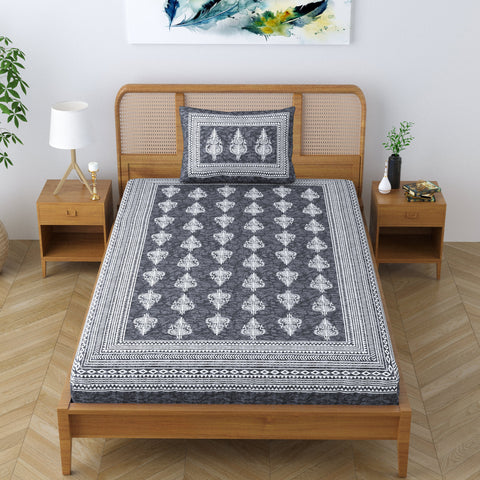 SheetKart Blossoms 100% Pure Cotton Jaipuri Printed Bedsheet for Single Bed with 1 Pillow Cover, Traditional Ethnic Bed Cover - Smoky Grey