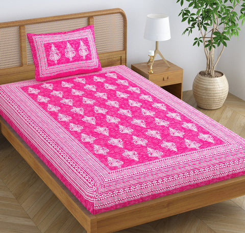 SheetKart Motif Floral 100% Cotton Single Bedsheet with 1 Pillow Cover, Jaipuri Printed Bed Cover - Pink