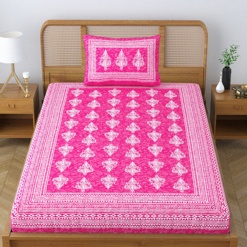 SheetKart Motif Floral 100% Cotton Single Bedsheet with 1 Pillow Cover, Jaipuri Printed Bed Cover - Pink