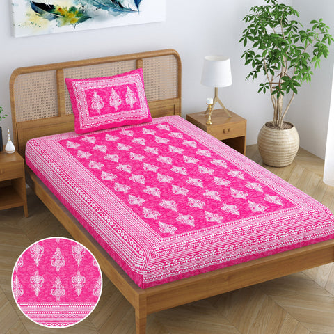 SheetKart Motif Floral 100% Cotton Single Bedsheet with 1 Pillow Cover, Jaipuri Printed Bed Cover - Pink
