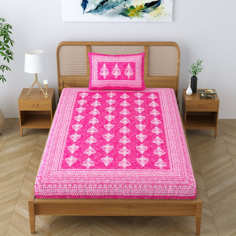 SheetKart Motif Floral 100% Cotton Single Bedsheet with 1 Pillow Cover, Jaipuri Printed Bed Cover - Pink