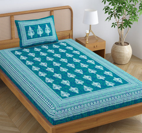 SheetKart Motif Floral 100% Cotton Single Bedsheet with 1 Pillow Cover, Jaipuri Printed Bed Cover - Sea Green