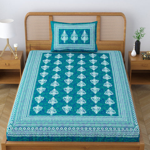 SheetKart Motif Floral 100% Cotton Single Bedsheet with 1 Pillow Cover, Jaipuri Printed Bed Cover - Sea Green