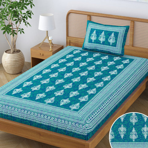 SheetKart Motif Floral 100% Cotton Single Bedsheet with 1 Pillow Cover, Jaipuri Printed Bed Cover - Sea Green