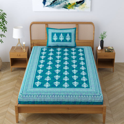 SheetKart Motif Floral 100% Cotton Single Bedsheet with 1 Pillow Cover, Jaipuri Printed Bed Cover - Sea Green