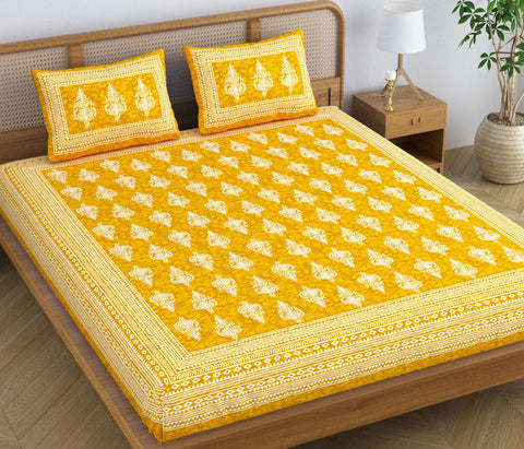 SheetKart Motif Floral 144 TC 100% Cotton Double Bedsheet Jaipuri Printed Bed Cover with 2 Pillow Covers - Summer Yellow 