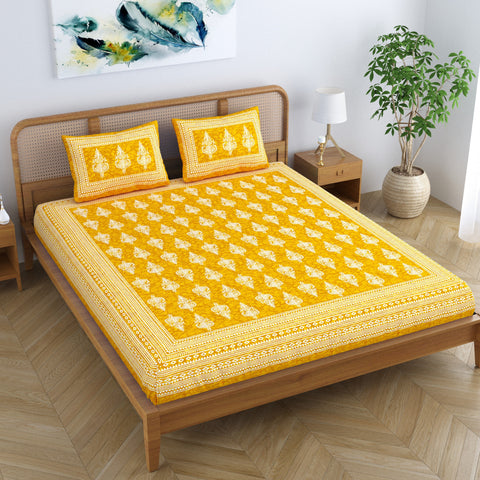 SheetKart Motif Floral 144 TC 100% Cotton Double Bedsheet Jaipuri Printed Bed Cover with 2 Pillow Covers - Summer Yellow 