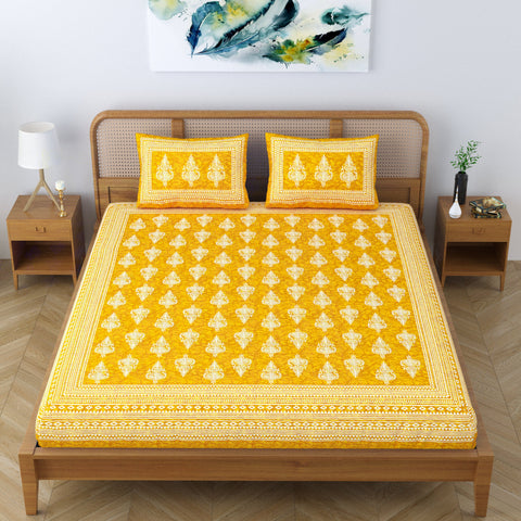 SheetKart Motif Floral 144 TC 100% Cotton Double Bedsheet Jaipuri Printed Bed Cover with 2 Pillow Covers - Summer Yellow 