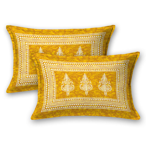 SheetKart Motif Floral 144 TC 100% Cotton Double Bedsheet Jaipuri Printed Bed Cover with 2 Pillow Covers - Summer Yellow 