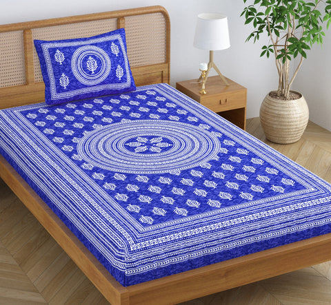 SheetKart Motif Mandala Floral 100% Cotton Single Bedsheet with 1 Pillow Cover Jaipuri Printed Bed Cover - Blue