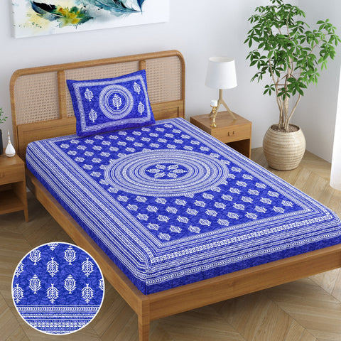 SheetKart Motif Mandala Floral 100% Cotton Single Bedsheet with 1 Pillow Cover Jaipuri Printed Bed Cover - Blue