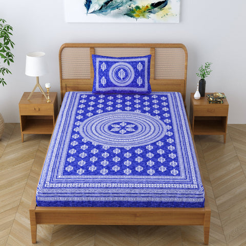SheetKart Motif Mandala Floral 100% Cotton Single Bedsheet with 1 Pillow Cover Jaipuri Printed Bed Cover - Blue