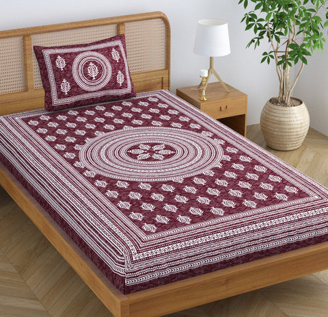 SheetKart Blossoms 100% Pure Cotton Jaipuri Printed Bedsheet for Single Bed with 1 Pillow Cover, Traditional Ethnic Bed Cover - Dark Choco