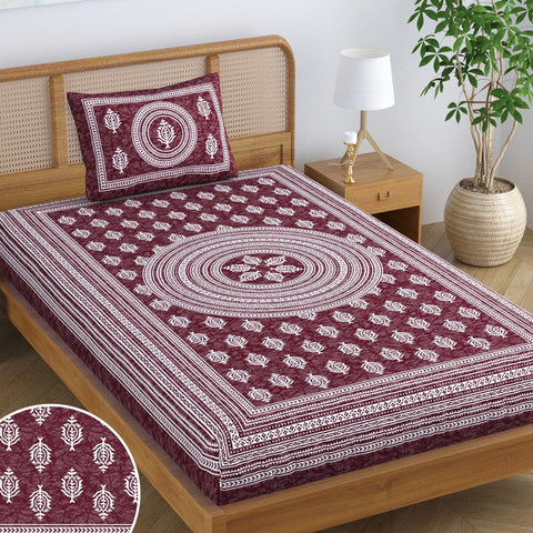 SheetKart Blossoms 100% Pure Cotton Jaipuri Printed Bedsheet for Single Bed with 1 Pillow Cover, Traditional Ethnic Bed Cover - Dark Choco
