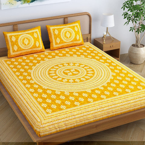 SheetKart Motif Mandala Floral 144 TC 100% Cotton Double Bedsheet Jaipuri Printed Bed Cover with 2 Pillow Covers - Yellow Focus 