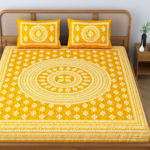 SheetKart Motif Mandala Floral 144 TC 100% Cotton Double Bedsheet Jaipuri Printed Bed Cover with 2 Pillow Covers - Yellow Focus 